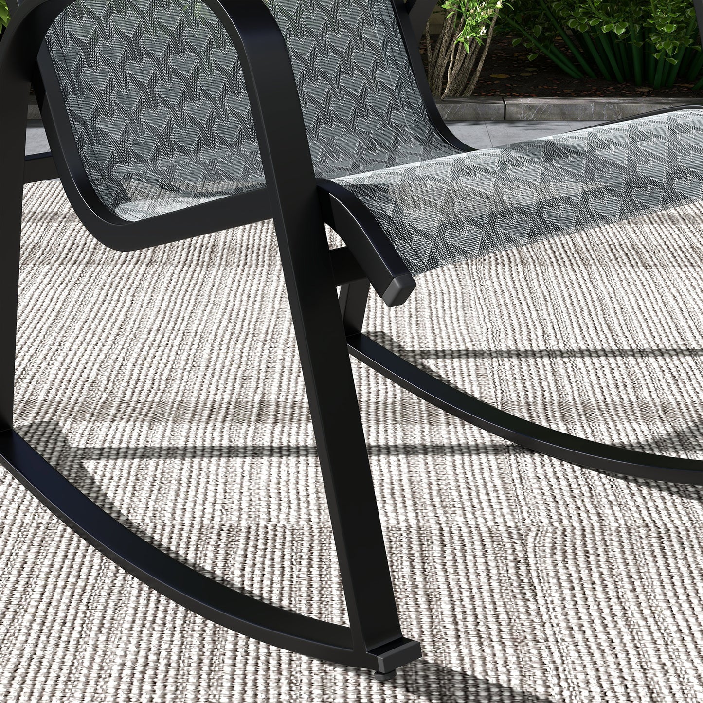 Outsunny 3 Piece Outdoor Rocking Set with 2 Armchairs and Metal Top Coffee Table, Patio Bistro Set with Curved Armrests, Breathable Mesh Fabric Seat for Garden, Deck, Mixed Grey