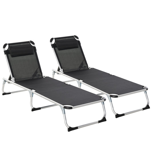 Outsunny 2 Pieces Foldable Outdoor Sun Lounger with Pillow, 5-Level Adjustable Reclining Lounge Chair, Aluminium Frame Camping Bed Cot, Black