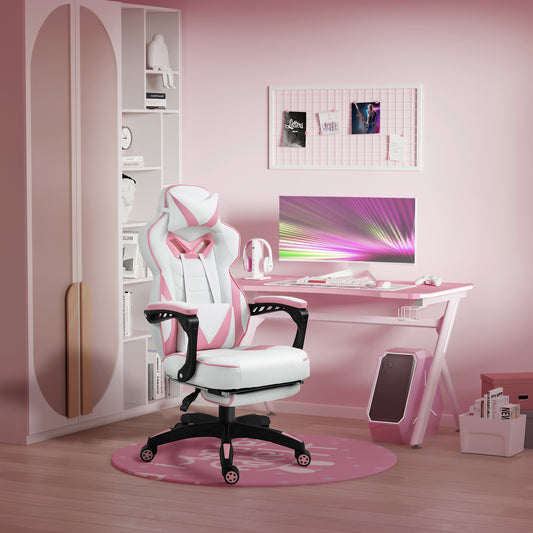 Vinsetto Computer Gaming Chair, Racing Desk Chair with Lumbar Support and Footrest, PU Leather Gamer Chair with Headrest and Swivel Wheels for Home, Pink