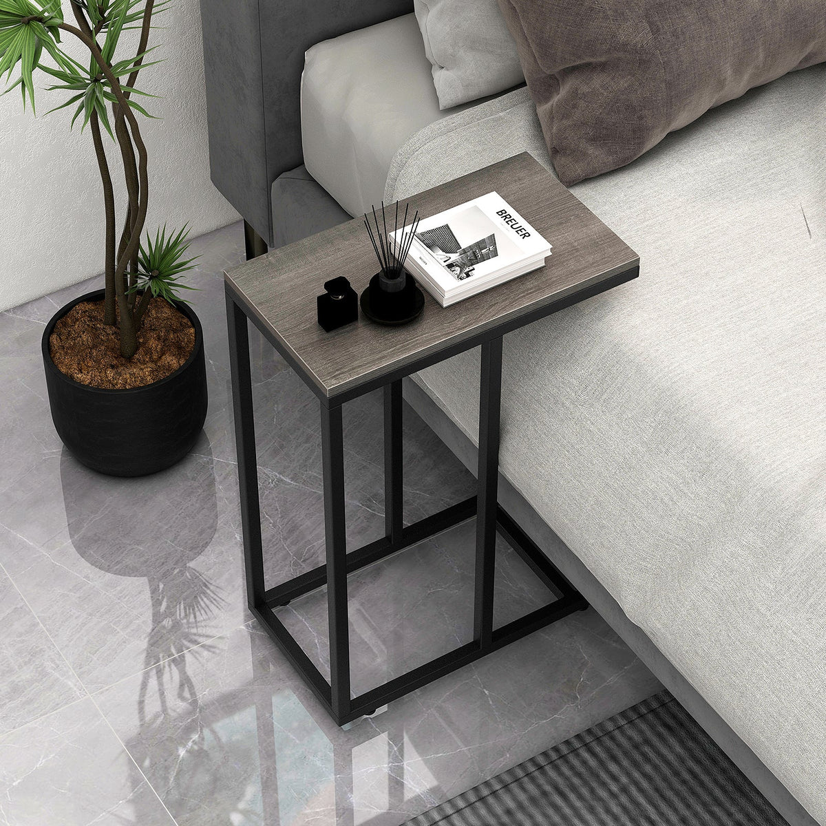 C-Shaped End Table for Couch and Bed with Metal Frame-Grey