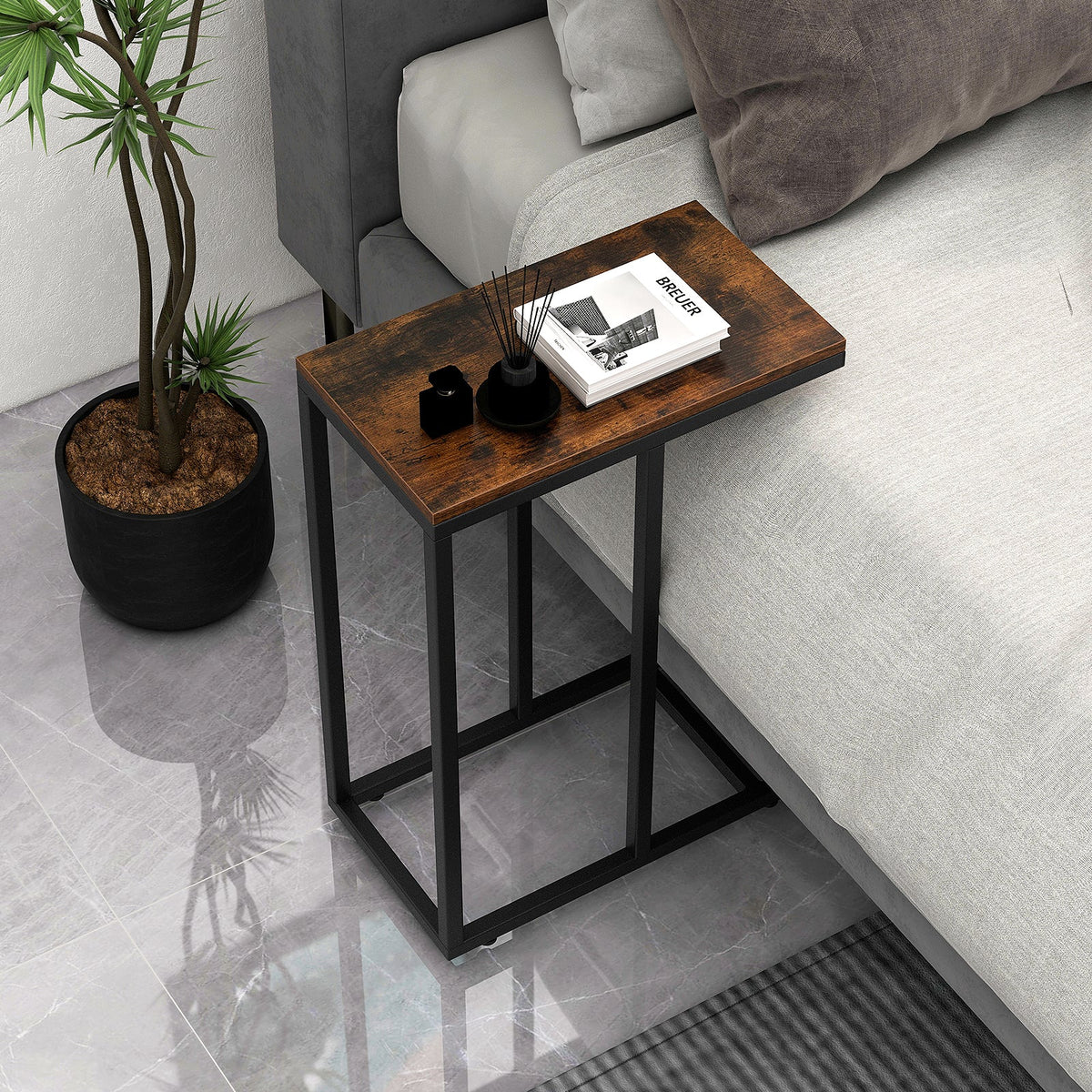 C-Shaped End Table for Couch and Bed with Metal Frame-Rustic Brown