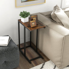 C-Shaped End Table for Couch and Bed with Metal Frame-Rustic Brown