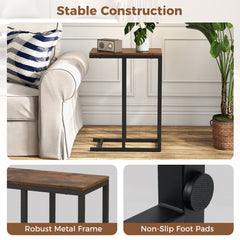 C-Shaped End Table for Couch and Bed with Metal Frame-Rustic Brown