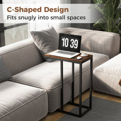 C-Shaped End Table for Couch and Bed with Metal Frame-Rustic Brown