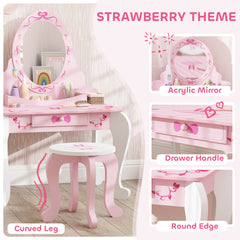 AIYAPLAY Kids Dressing Table Set, Vanity Table with Stool, Mirror, Drawer, Desktop Storage, Ballet Theme, Pink