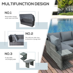 Outsunny 5 PCS Outdoor Rattan Wicker Sofa Sets Reclining Sofa Adjustable Canopy & Side Table Dining Table Set Sectional Conversation Furniture w/ Cushions, Mixed Grey