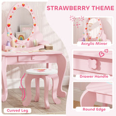 AIYAPLAY Kids Dressing Table Set, Vanity Table with Stool, Mirror, Drawer, Desktop Storage, Strawberry Theme, Pink