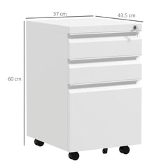 Vinsetto 3-Drawer Mobile Filing Cabinet with Pencil Tray, Steel Lockable Under Desk Drawers for Letter, A4 and Legal Size, Pre-Assembled Body, White