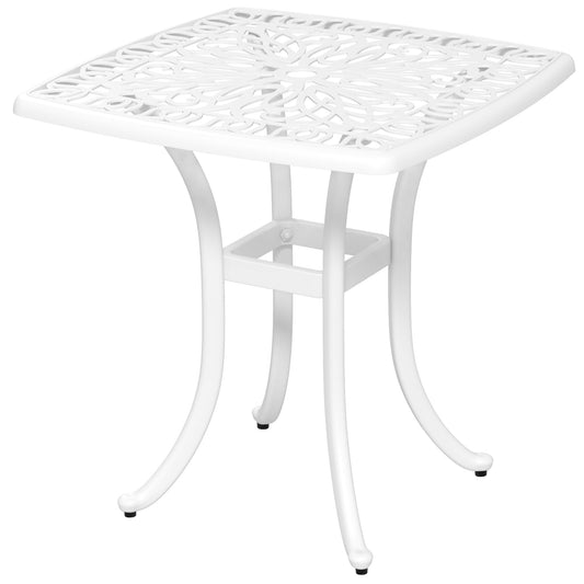 Outsunny Cast Aluminium Bistro Table, Outdoor Square Side Table with Umbrella Hole, Garden Table for Balcony, White