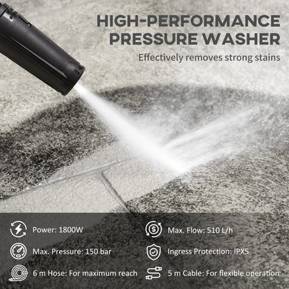DURHAND 1800W High√Ç Pressure√Ç Washer, 150 Bar Pressure, 510 L/h Flow, High-Performance Portable Power Washer Jet Wash Cleaner with 6M Hose and Hose Reel for Garden, Car, Furniture, Yellow