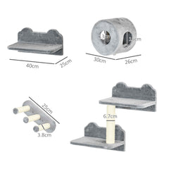 شجرة قطط PawHut مثبتة على الحائط مكونة من 4 قطع، مع درجات، ومجثم، وبيت قطط - رمادي