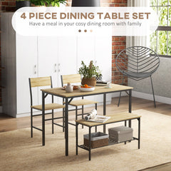 HOMCOM Square Dining Set for 4 Persons, Table, Chairs and Bench Included, Natural Wood Effect