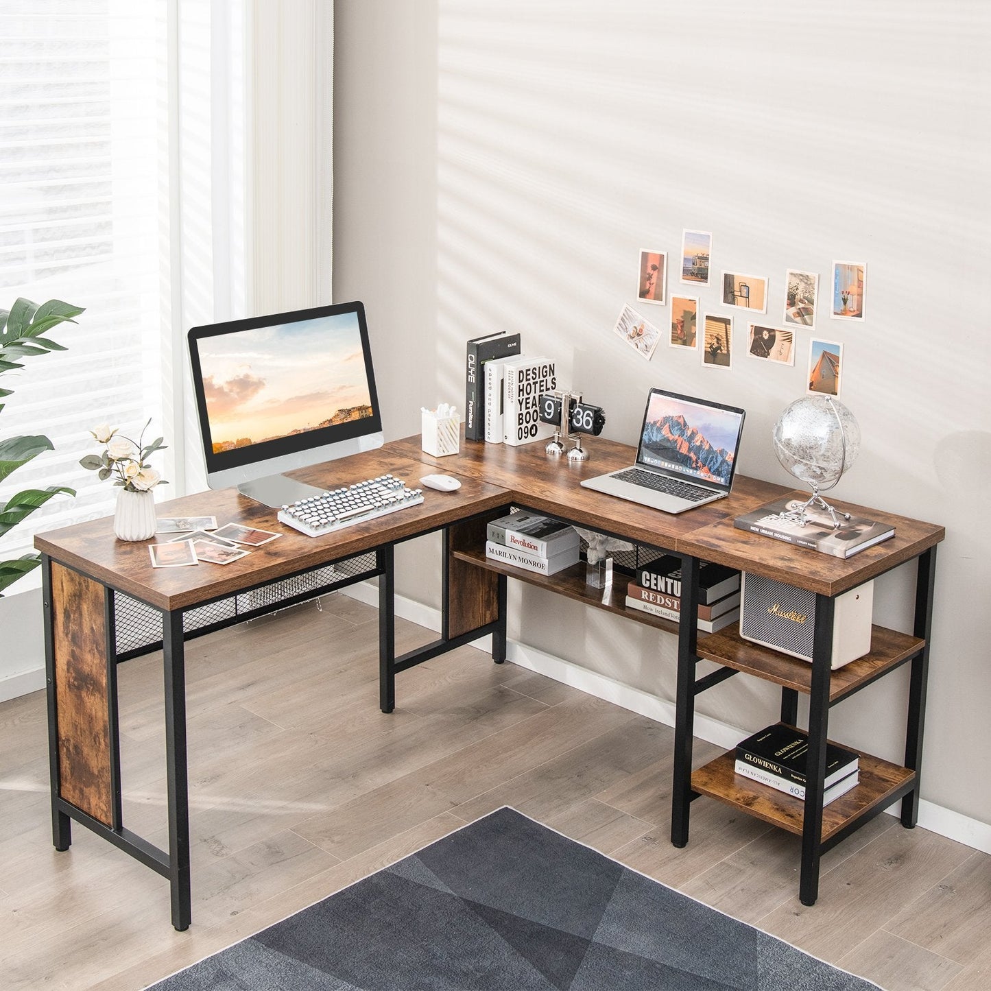 150 x 140 x 75cm Large Corner L-Shaped Computer Desk with 3 Storage Shelves-Rustic Brown