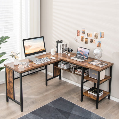 150 x 140 x 75cm Large Corner L-Shaped Computer Desk with 3 Storage Shelves-Rustic Brown
