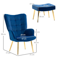 HOMCOM Modern Armchair with Footstool, Upholstered Accent Chair with Ottoman, Steel Legs, Velvet Wingback Chair for Living Room, Bedroom, Home Study, Dark Blue