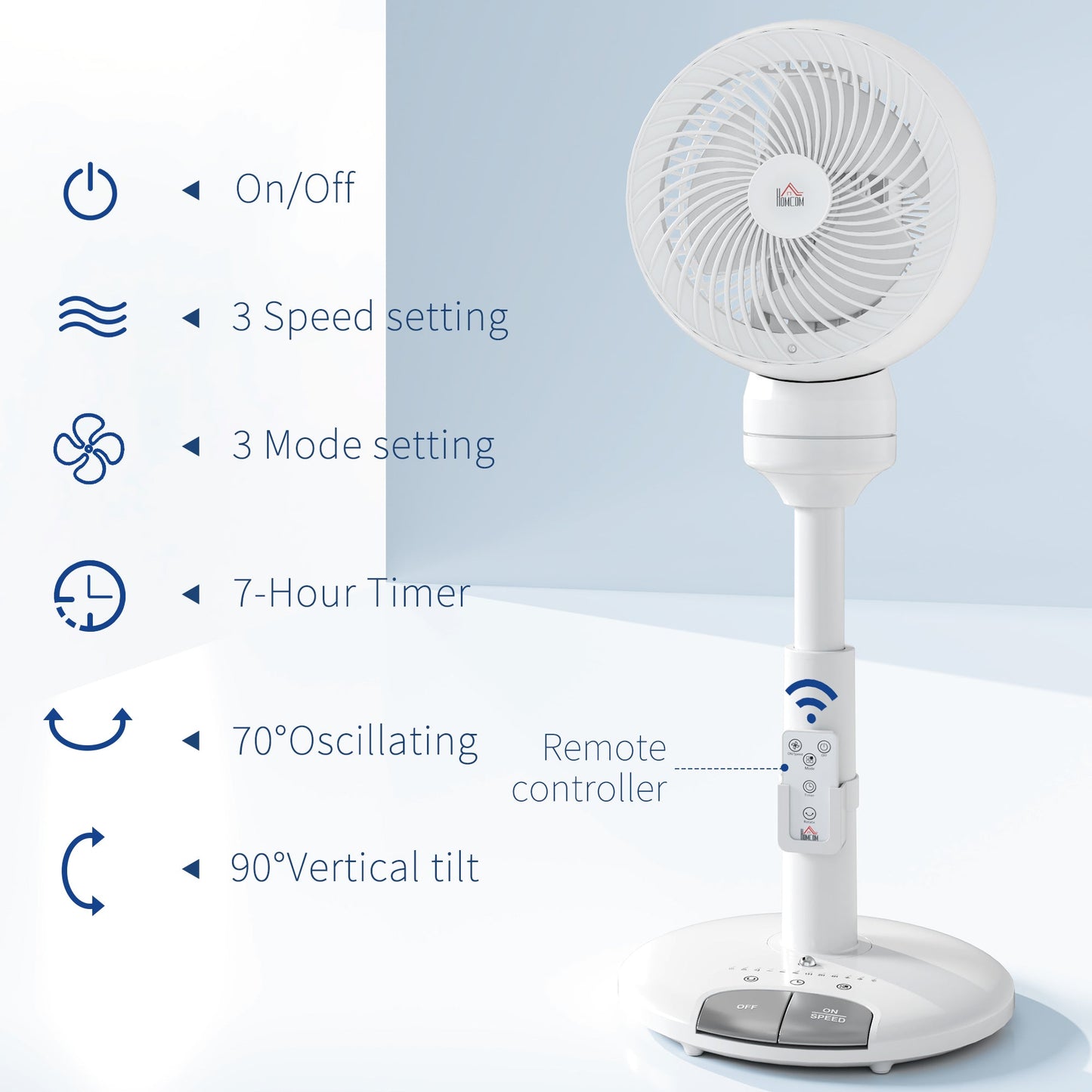 HOMCOM 9'' Air Circulator Fan 3 Speed 3 Mode, 70 Oscillation 90 Vertical Tilt, Remote Controller, for Living Room, Bedroom, Office, White
