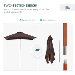 Outsunny 2m x 1.5m Garden Parasol Umbrella with Tilting Sunshade Canopy, Outdoor Market Table Umbrella with Wood and Bamboo Frame, Coffee