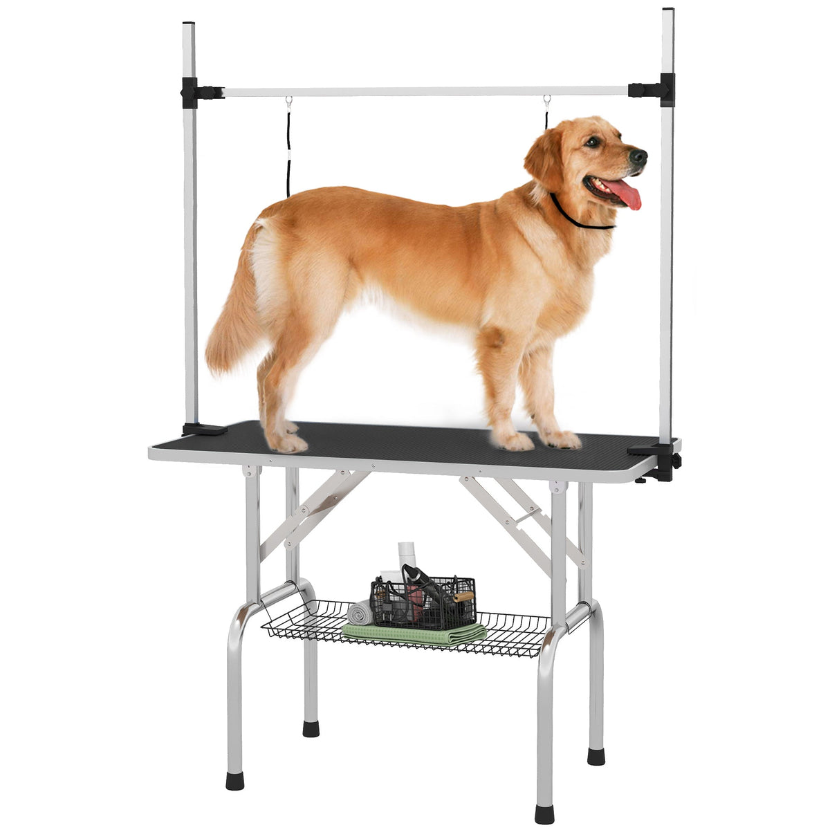 PawHut 42" Dog Grooming Table, Adjustable Pet Cat Drying Beauty Table with 2 Loops Storage Basket, Rubber Top, Black