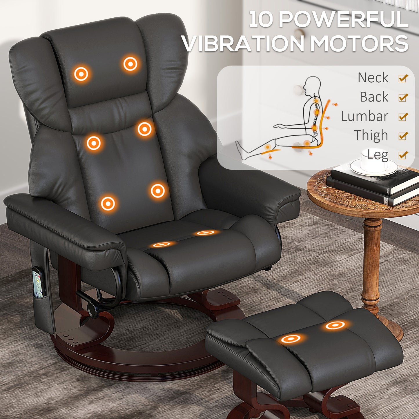 HOMCOM Massage Recliner Chair with Footstool, Upholstered Reclining Armchair with Adjustable Backrest, Steel Frame and Wood Base, Swivel Chair for Living Room, Bedroom, Black