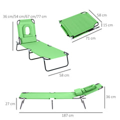 Outsunny Outdoor Foldable Sun Lounger, 4 Level Adjustable Backrest Reclining Sun Lounger Chair with Pillow and Reading Hole, Green