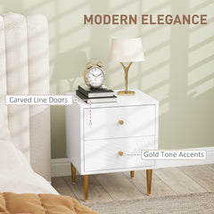 HOMCOM Elegant Two-Drawer Bedside Table - White/Gold-Tone