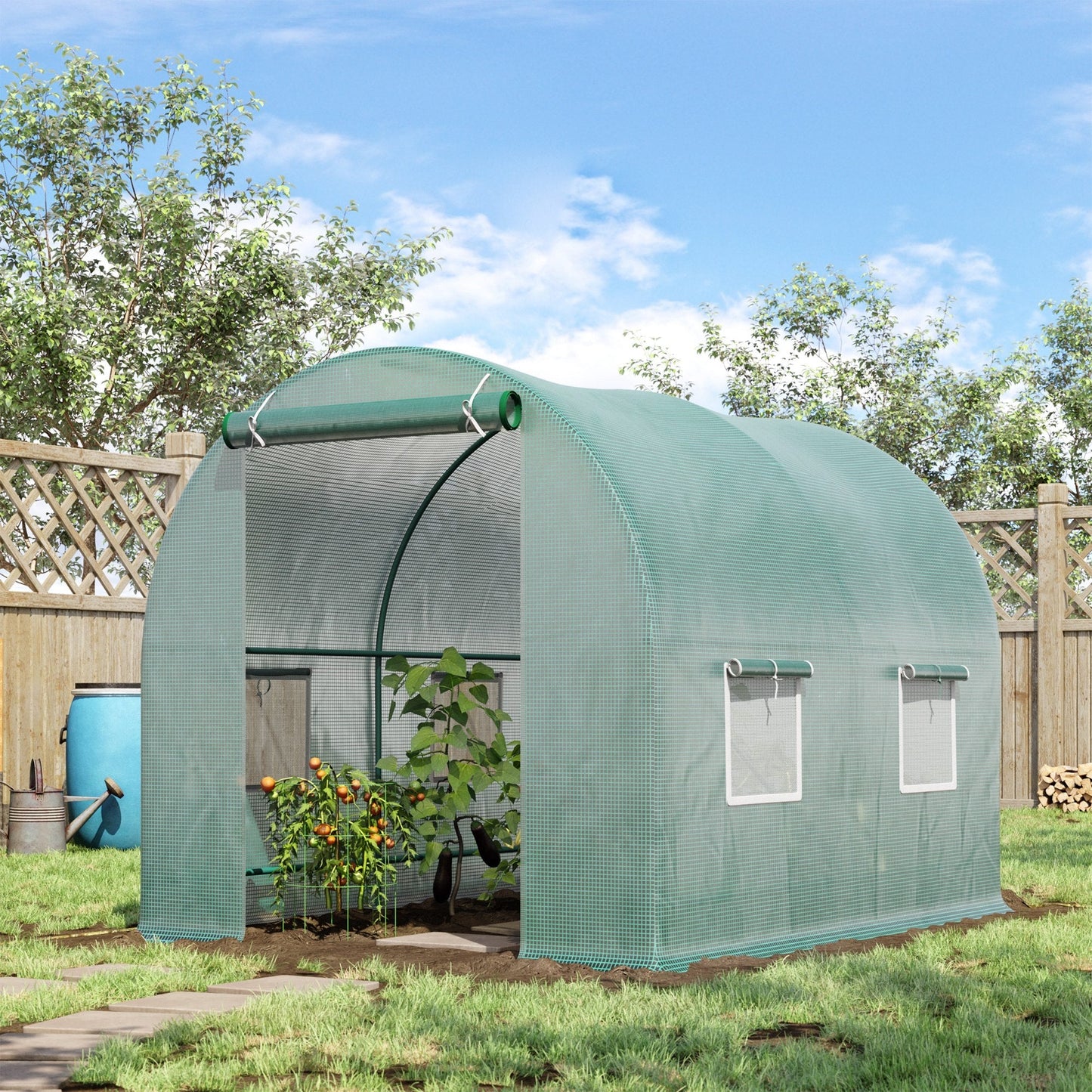 Home Essentials Reinforced Walk in Polytunnel Greenhouse with Roll Up Door, Galvanised Steel Frame and Zipped Door Windows, 2.5 x 2 m