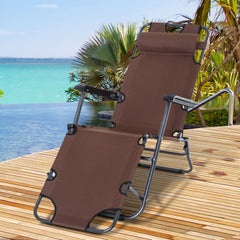 Outsunny 2 in 1 Sun Lounger Folding Reclining Chair Garden Outdoor Camping Adjustable Back with Pillow, Brown