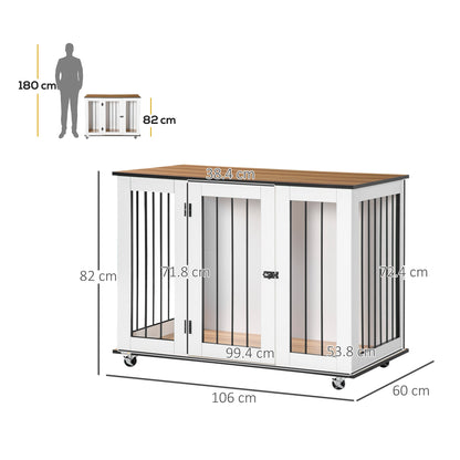 PawHut Dog Crate Furniture, Dog Cage End Table, with Wheels, for Large Dogs, 106 x 60 x 82 cm - White