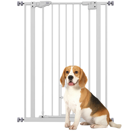 PawHut Extra Tall Pet Gate, Indoor Dog Safety Gate, with Cat Flap, Auto Close, 74-80cm Wide - White