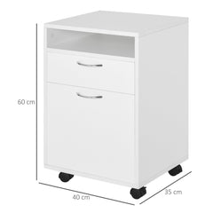 HOMCOM 60cm Filing Cabinet with Drawer, Open Shelf, Metal Handles and 4 Wheels, Office Home Organiser Mobile Printer, White