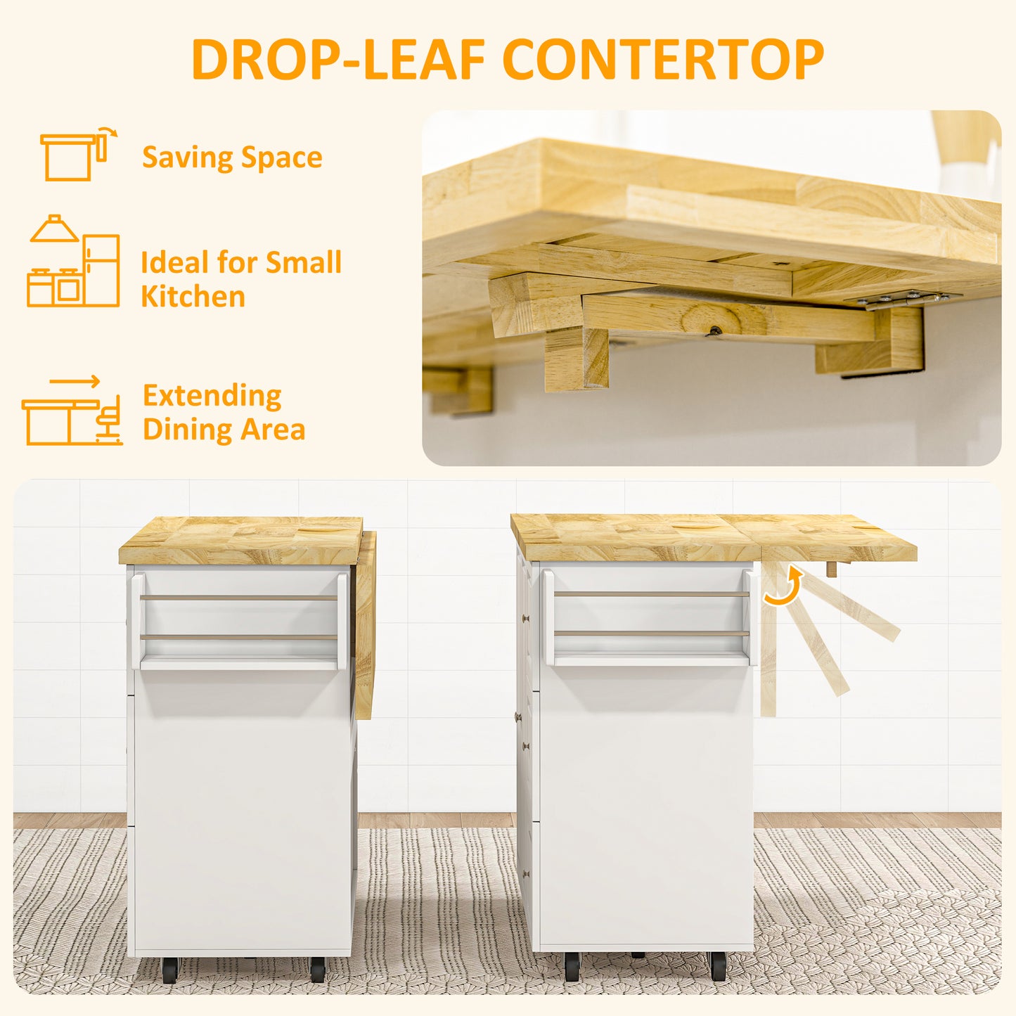 HOMCOM Drop-Leaf Kitchen Island on Wheels Utility Storage Cart with Drawers & Cabinet for Kitchen, Dining & Living Room