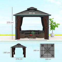 Outsunny 3 x 3(m) Hardtop Gazebo Canopy with 7mm Double Polycarbonate Roof, Garden Gazebo Permanent Pavilion with Mosquito Netting and Curtains for Patio, Deck, Brown