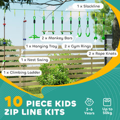 AIYAPLAY Obstacle Course for Kids with 10PCs Slackline Kit, with Monkey Bars, Gym Rings, Rope Ladder, Nest Swing, Hanging Tray