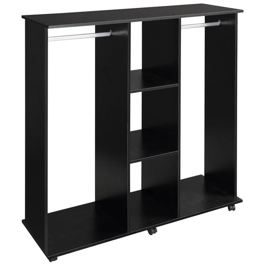 HOMCOM Open Wardrobe Double Mobile Storage Shelves Organizer W/6 Wheels-Black