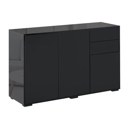 HOMCOM High Gloss Side Cabinet, Push-Open Design with 2 Drawers and 2 Cabinets for Living Room, 74H x 117W x 36Dcm, Black