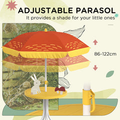 Outsunny Kids Picnic Table and Chair Set, Lion Themed Outdoor Garden Furniture w/ Foldable Chairs, Adjustable Parasol - Yellow