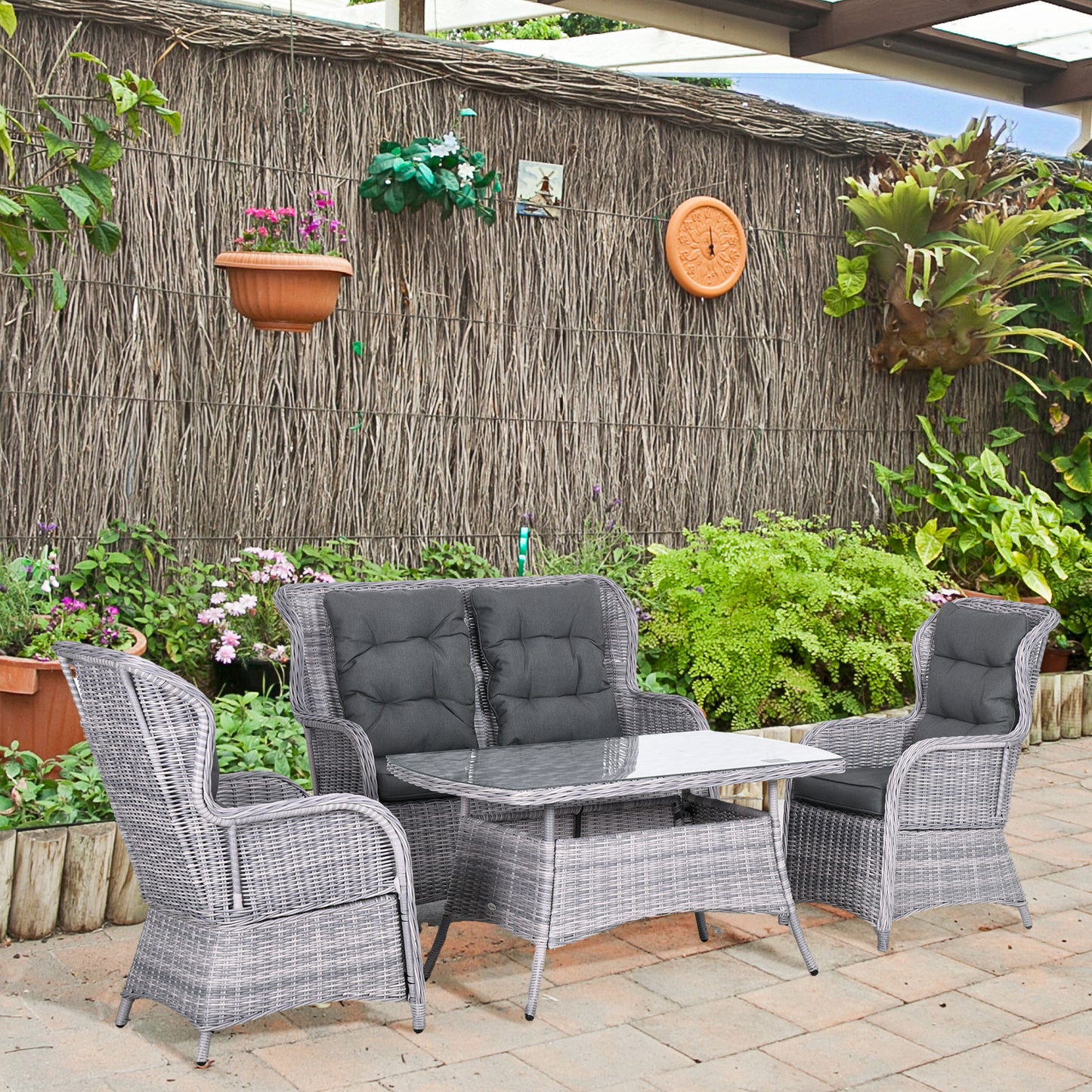 Outsunny Garden PE Rattan Dining Sofa Set, Outdoor 4 Seater Wicker Furniture, High Back Chairs with Cushions, Tempered Glass Coffee Table for Patio, Mixed Grey
