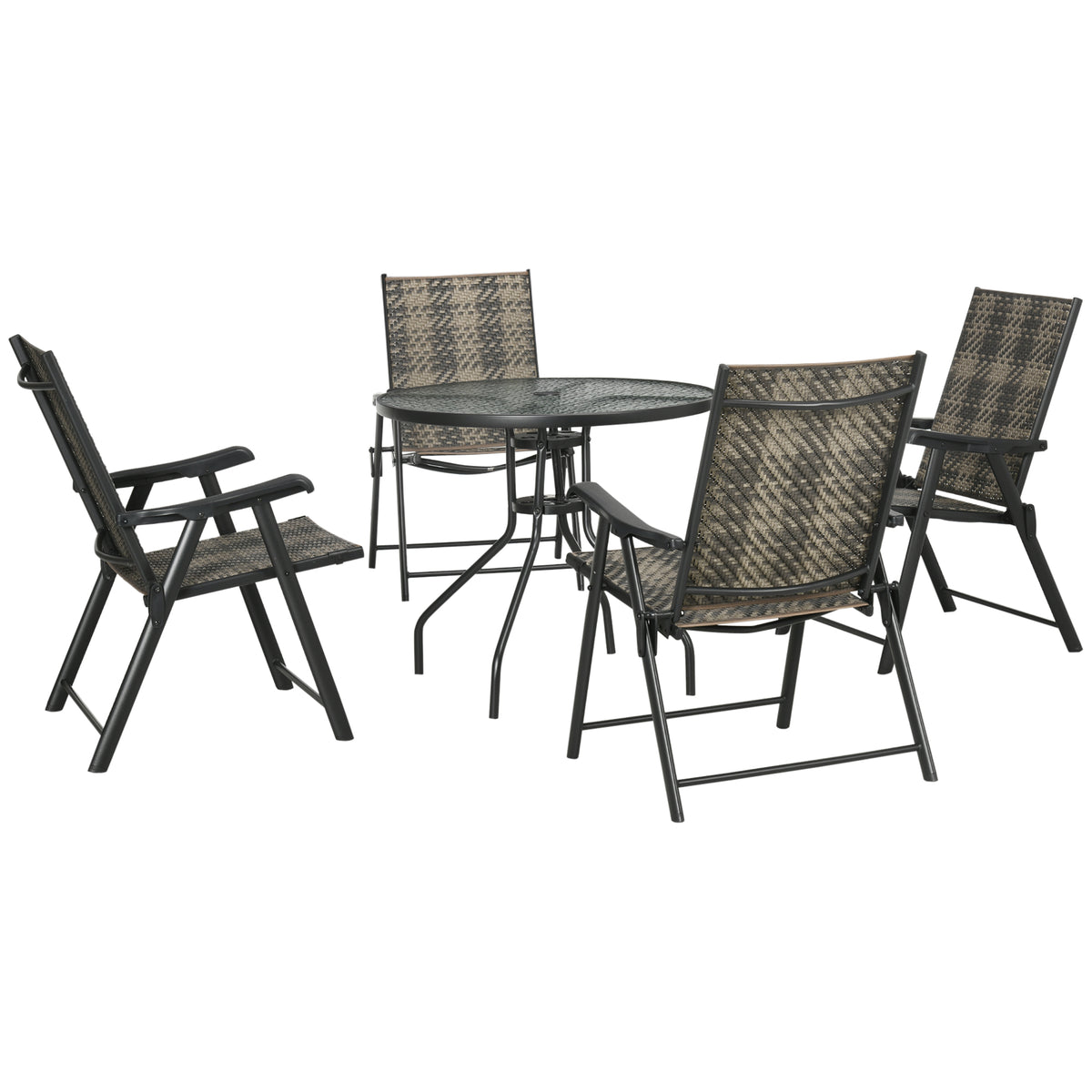 Outsunny 4 Seater Rattan Dining Set, Rattan Garden Furniture Set with Parasol Hole, Outdoor Dining Table and Chairs with 4 Armchairs, Round Glass Top Table for Patio, Balcony, Mixed Grey