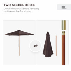 Outsunny 3(m) Garden Parasol, Pulley Operated Patio Umbrella, Wooden Parasol, Table Market Umbrella with Rope Pulley Mechanism and 8 Ribs, Coffee