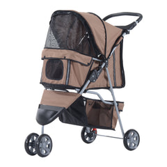 PawHut Dog Stroller, 3 Wheels Foldable Cat Dog Pram with Cup Holder, Storage Basket, Pet Stroller for Small Miniature Dogs, Brown