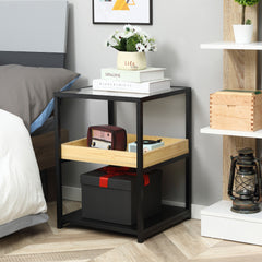 HOMCOM Glass Top Side Table, 3-Tier End Table with Storage Shelves, Nightstand with Steel Frame for Bedroom