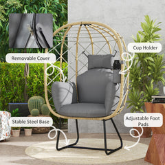 Outsunny Rattan Egg Chair Outdoor Indoor Wicker Chair with Thickened Cushion and Headrest, Standing Garden Egg Chair with Cup Holder, Metal Frame for Patio, Balcony, Grey