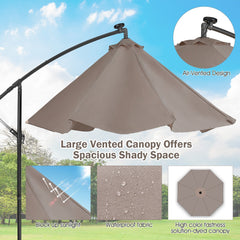 10 ft Cantilever Umbrella with 32 Solar-Powered LED Lights for Backyard Poolside Market-Coffee