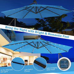 10 ft Cantilever Umbrella with 32 Solar-Powered LED Lights for Backyard Poolside Market-Blue