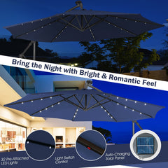 10 ft Cantilever Umbrella with 32 Solar-Powered LED Lights for Backyard Poolside Market-Navy