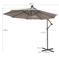 10 ft Cantilever Umbrella with 32 Solar-Powered LED Lights for Backyard Poolside Market-Coffee