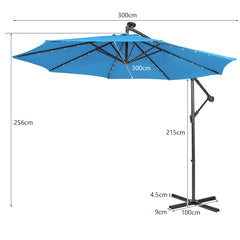 10 ft Cantilever Umbrella with 32 Solar-Powered LED Lights for Backyard Poolside Market-Blue