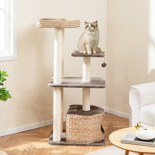 برج قطط من نبات القصب مع أعمدة خدش من نبات السيزال وبرج Perch Condo وDangling Ball-Coffee
