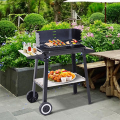 Outsunny Trolley Charcoal BBQ Barbecue Grill Outdoor Patio Garden Heating Smoker with Side Trays Storage Shelf and Wheels