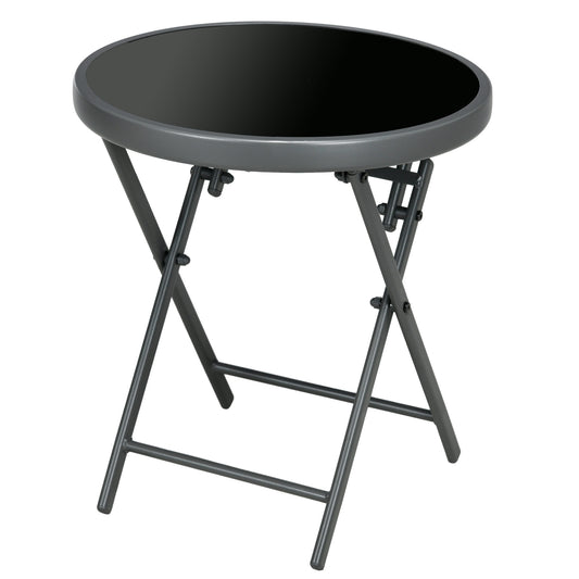 Outsunny â45cm Garden Side Table, Outdoor Round Folding Patio Table with Imitation Marble Glass Top, Small Coffee Table, Black